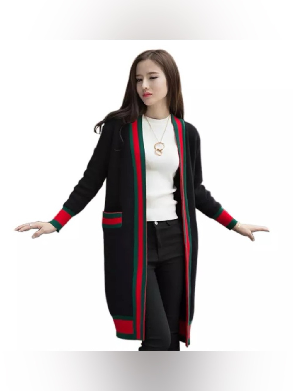 Open-Front Navy Long Cardigan Sweater with Red & Green Trim